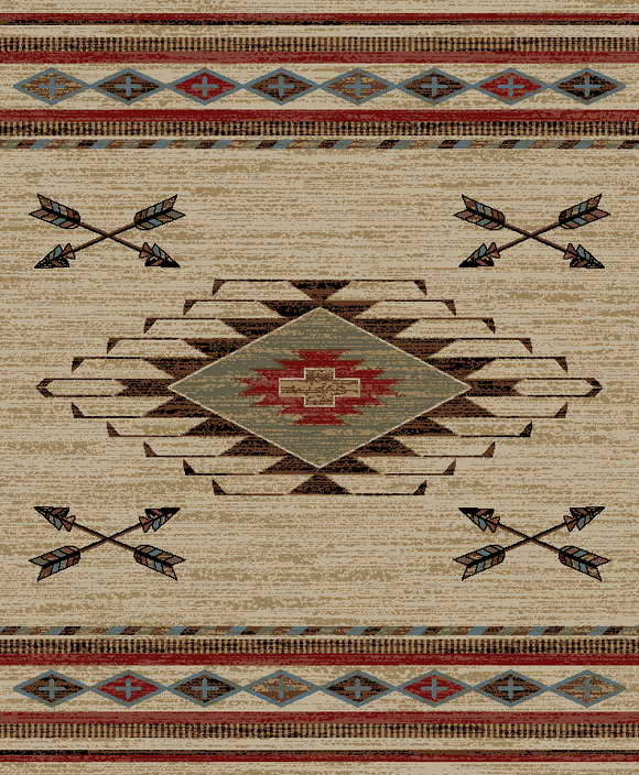 8'x10' American Destination Arrowhead Antique Area Rug. The American Destination collection features a 100% polypropylene pile and is stain resistant. The lodge designs are sure to add rustic charm to your home.