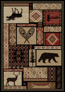 8'x10' Lodge King Patchwork Multi Area Rug. The Lodge King Collection features a 100% polypropylene medium/heavy weight pile and is stain resistant. The lodge designs are sure to add rustic charm to your home.