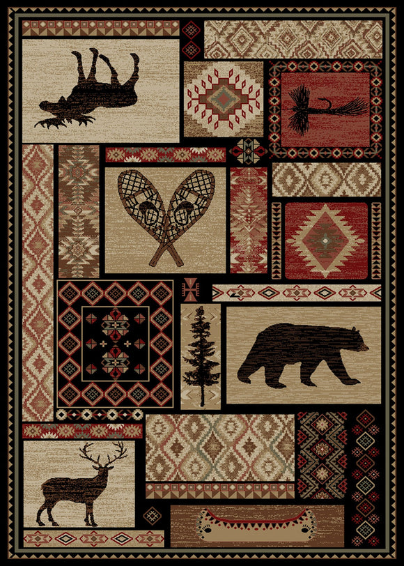 8'x10' Lodge King Patchwork Multi Area Rug. The Lodge King Collection features a 100% polypropylene medium/heavy weight pile and is stain resistant. The lodge designs are sure to add rustic charm to your home.