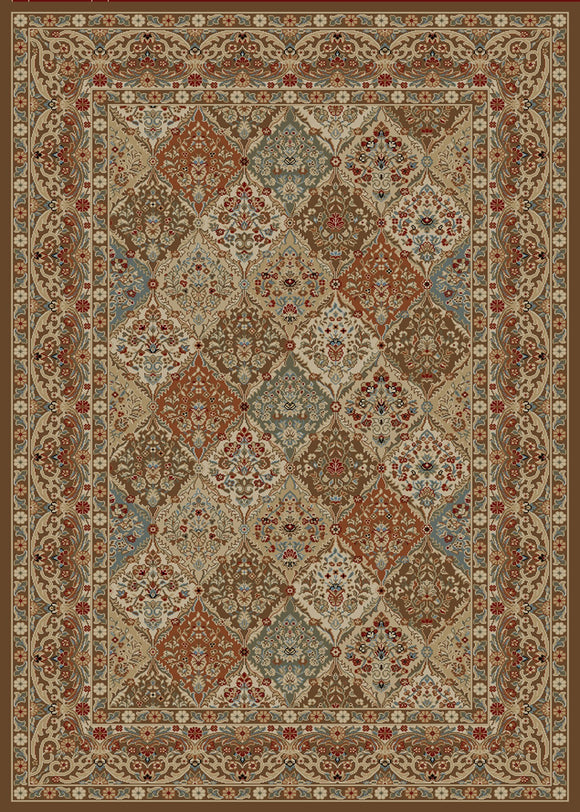 9'x13' Home Town Panel Kerman Chocolate Area Rug. The Hometown Collection is made of 100% polypropylene. The traditional and transitional designs make them ideal to match any décor.