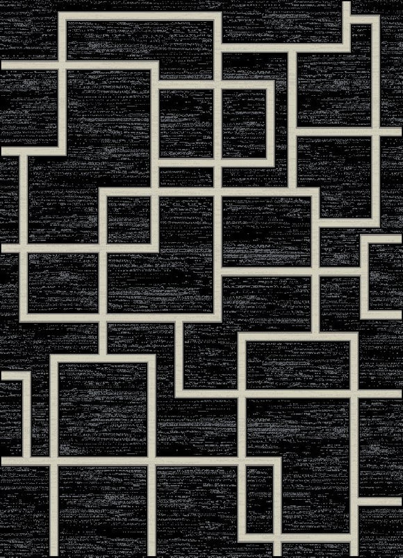 8'x10' Galleria Maze Black Area Rug. The Galleria Collection blends gray and blue tones to offer contemporary and transitional looks.  The soft color palette and versatile designs will modernize any living space.