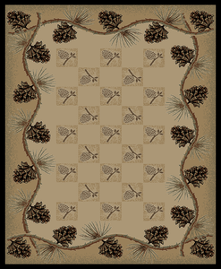 8'x10' Lodge King Pine Bluff Beige Area Rug. The Lodge King Collection features a 100% polypropylene medium/heavy weight pile and is stain resistant. The lodge designs are sure to add rustic charm to your home,