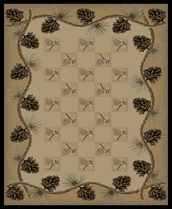 8'x10' Lodge King Pine Bluff Beige Area Rug. The Lodge King Collection features a 100% polypropylene medium/heavy weight pile and is stain resistant. The lodge designs are sure to add rustic charm to your home,