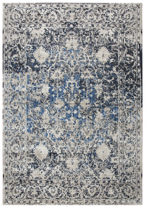 Using antique Persian carpets as an inspiration, the artist has updated  this design through the clever use of scale and faux wear pattrns. By using a wide variety of shades in today’s hottest colors, the Blues, Grays and Cream accents make this rug  on point for today’s hot trends. Power loomed in India using an exclusive new yarn called" ZIRLON"  which has  the rich look and soft feel of wool, with the cleanability and affordability of traditional synthetic fibers.