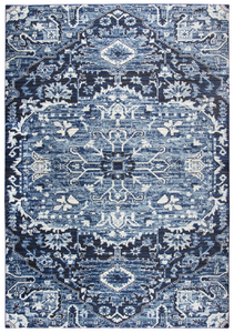 Using antique Persian carpets as an inspiration, the artist has updated  this design through the clever use of scale and faux wear pattrns. By using a wide variety of shades in today’s hottest colors, the Blues, Grays and Cream accents make this rug  on point for today’s hot trends. Power loomed in India using an exclusive new yarn called" ZIRLON"  which has  the rich look and soft feel of wool, with the cleanability and affordability of traditional synthetic fibers.