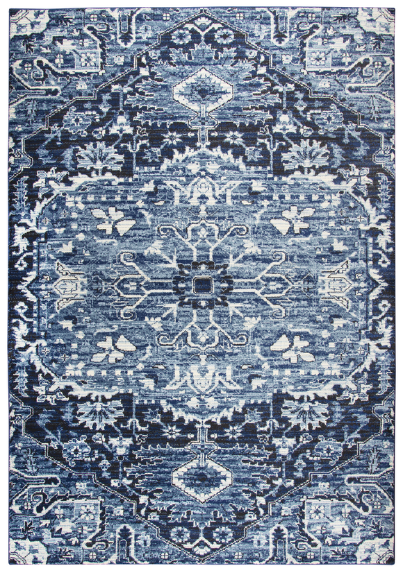 Using antique Persian carpets as an inspiration, the artist has updated  this design through the clever use of scale and faux wear pattrns. By using a wide variety of shades in today’s hottest colors, the Blues, Grays and Cream accents make this rug  on point for today’s hot trends. Power loomed in India using an exclusive new yarn called