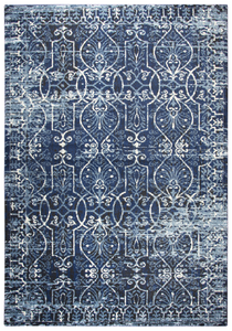 Using antique Persian carpets as an inspiration, the artist has updated  this design through the clever use of scale and faux wear pattrns. By using a wide variety of shades in today’s hottest colors, the Blues, Grays and Cream accents make this rug  on point for today’s hot trends. Power loomed in India using an exclusive new yarn called" ZIRLON"  which has  the rich look and soft feel of wool, with the cleanability and affordability of traditional synthetic fibers.