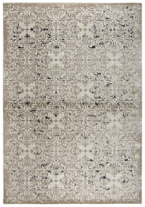 Using antique Persian carpets as an inspiration, the artist has updated  this design through the clever use of scale and faux wear pattrns. By using subtle shading of  colors, the Taups, Grays and Cream accents, this rug is very versatile and right   on point for today’s decor. Power loomed in India using an exclusive new yarn called" ZIRLON"  which has  the rich look and soft feel of wool, with the cleanability and affordability of traditional synthetic fibers.