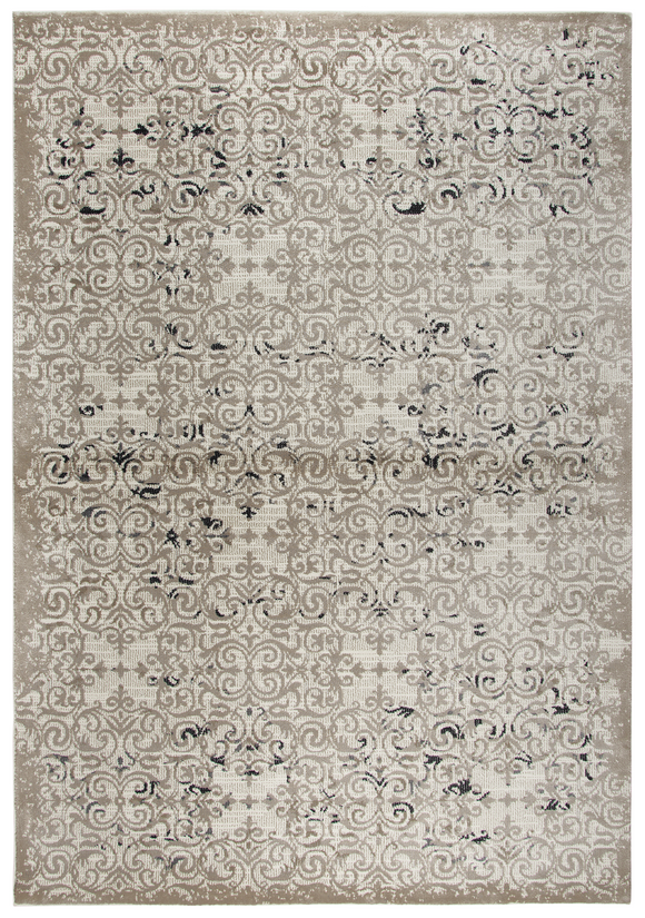 Using antique Persian carpets as an inspiration, the artist has updated  this design through the clever use of scale and faux wear pattrns. By using subtle shading of  colors, the Taups, Grays and Cream accents, this rug is very versatile and right   on point for today’s decor. Power loomed in India using an exclusive new yarn called