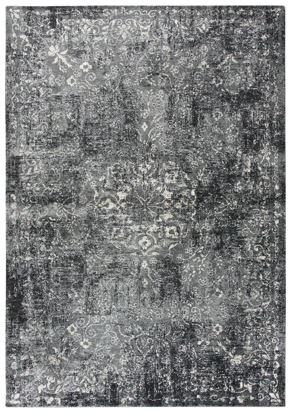 Using antique Persian carpets as an inspiration, the artist has updated  this design through the clever use of scale and faux wear pattrns. By using a wide variety of shades in today’s hottest colors, the Blues, Grays and Cream accents make this rug  on point for today’s hot trends. Power loomed in India using an exclusive new yarn called