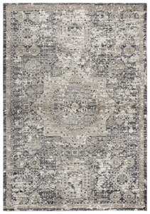 Using antique Persian carpets as an inspiration, the artist has updated  this design through the clever use of scale and faux wear pattrns. By using subtle shading of  colors, the Taups, Grays and Cream accents, this rug is very versatile and right   on point for today’s decor. Power loomed in India using an exclusive new yarn called" ZIRLON"  which has  the rich look and soft feel of wool, with the cleanability and affordability of traditional synthetic fibers.