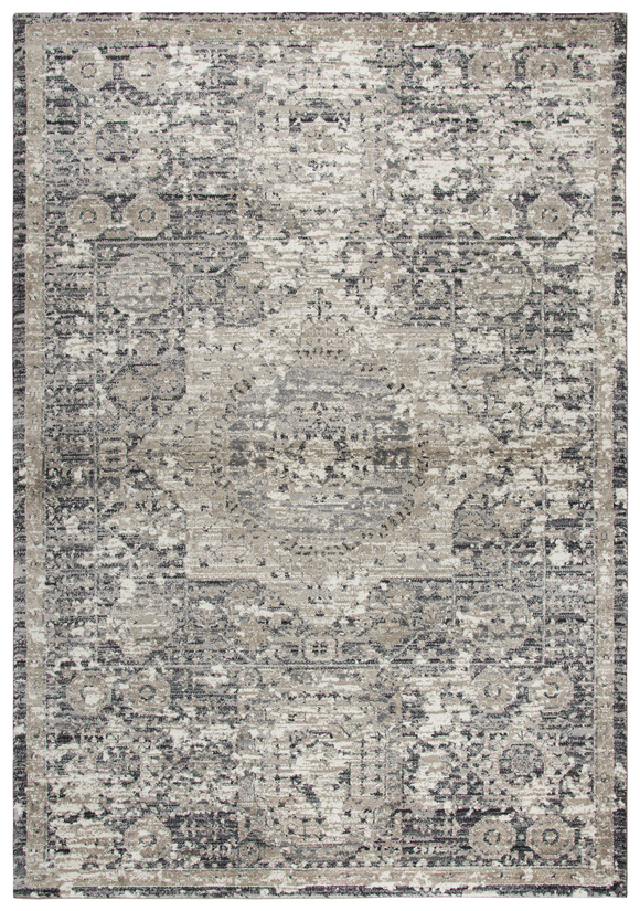 Using antique Persian carpets as an inspiration, the artist has updated  this design through the clever use of scale and faux wear pattrns. By using subtle shading of  colors, the Taups, Grays and Cream accents, this rug is very versatile and right   on point for today’s decor. Power loomed in India using an exclusive new yarn called