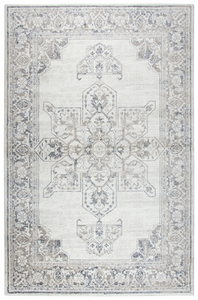 Using antique Persian carpets as an inspiration, the artist has updated  this design through the clever use of scale and faux wear pattrns. By using subtle shading of  colors, the Taups, Grays and Cream accents, this rug is very versatile and right   on point for today’s decor. Power loomed in India using an exclusive new yarn called" ZIRLON"  which has  the rich look and soft feel of wool, with the cleanability and affordability of traditional synthetic fibers.