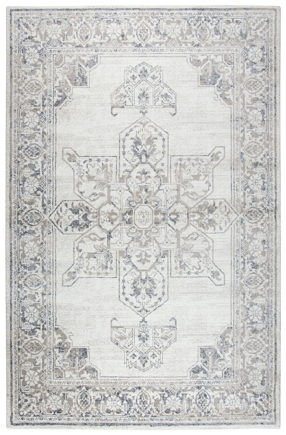 Using antique Persian carpets as an inspiration, the artist has updated  this design through the clever use of scale and faux wear pattrns. By using subtle shading of  colors, the Taups, Grays and Cream accents, this rug is very versatile and right   on point for today’s decor. Power loomed in India using an exclusive new yarn called