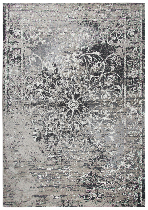 Using antique Persian carpets as an inspiration, the artist has updated  this design through the clever use of scale and faux wear pattrns. By using a wide variety of shades in today’s hottest colors, the Blues, Grays and Cream accents make this rug  on point for today’s hot trends. Power loomed in India using an exclusive new yarn called