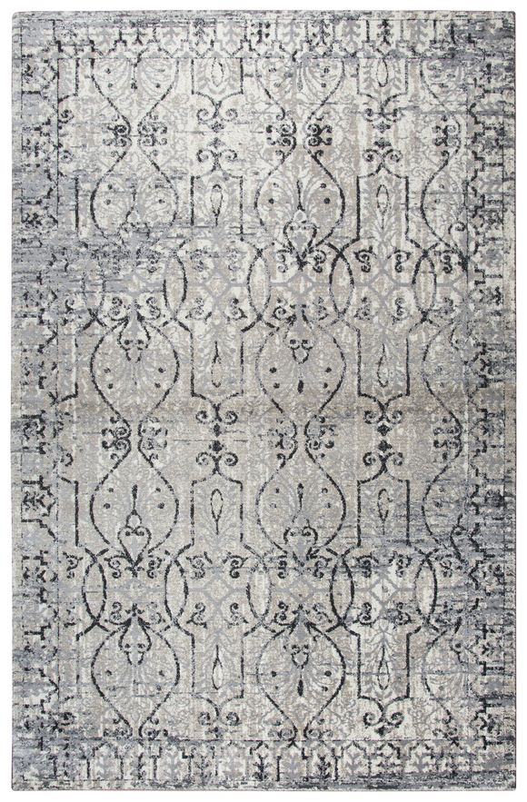 Using antique Persian carpets as an inspiration, the artist has updated  this design through the clever use of scale and faux wear pattrns. By using a wide variety of shades in today’s hottest colors, the Blues, Grays and Cream accents make this rug  on point for today’s hot trends. Power loomed in India using an exclusive new yarn called