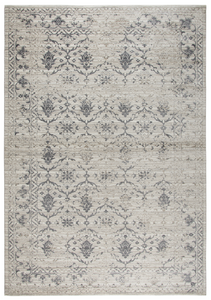 Using antique Persian carpets as an inspiration, the artist has updated  this design through the clever use of scale and faux wear pattrns. By using subtle shading of  colors, the Taups, Grays and Cream accents, this rug is very versatile and right   on point for today’s decor. Power loomed in India using an exclusive new yarn called" ZIRLON"  which has  the rich look and soft feel of wool, with the cleanability and affordability of traditional synthetic fibers.