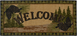 20"x44" Cozy Cabin Forest Welcome Printed Nylon Kitchen Mat/Rug. The Cozy Cabin collection offers small lodge mats with a non skid rubber backing. The face of the rug is printed nylon. It is perfect for kitchens, bathrooms, hardwood floors, and carpet. Made in America!