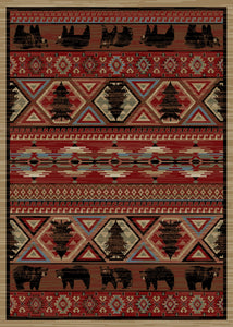 8'x10' Lodge King Red Pine Area Rug. The Lodge King Collection features a 100% polypropylene medium/heavy weight pile and is stain resistant. The lodge designs are sure to add rustic charm to your home.