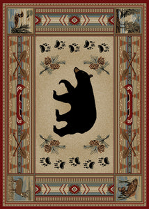 5' Round Hearthside Woodlands Bear Red Area Rug. The Hearthside Collection features a 100% polypropylene pile and is stain resistant. These lodge designs are sure to add rustic charm to any room.